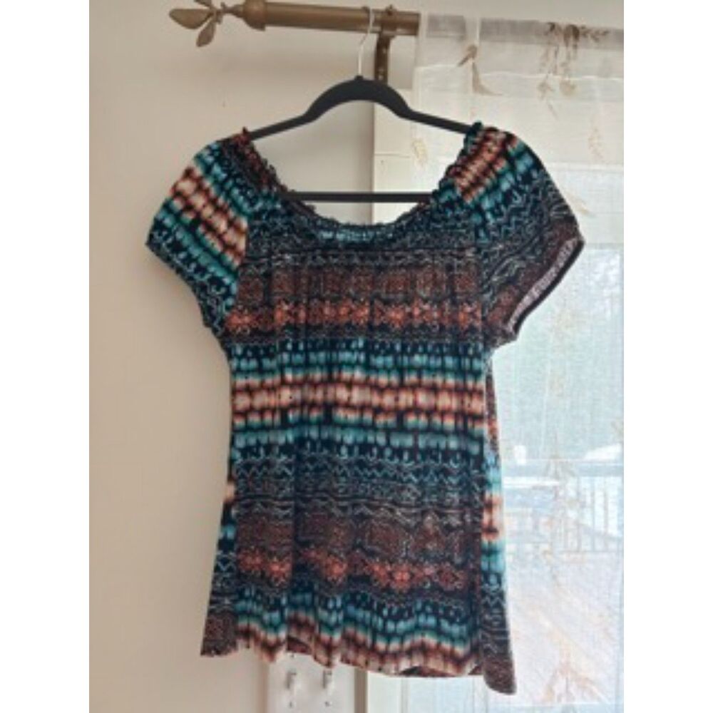 Multicolor Smocked Off Shoulder Top Women’s Medium Boho Stretch Blouse